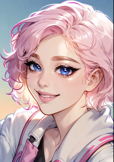 Ultradetailed face, portrait, dynamic angle, detailed shading, short hair, wavy hair, light pink hair, pale skin, smiling, cute face, fit clothing