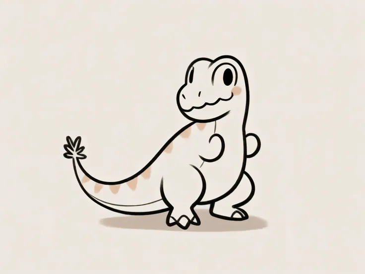 "Draw a cute, cartoon-style dinosaur with simple, rounded features and a big smile. The dinosaur should have a chubby body, small arms, and a long tail, drawn with bold black outlines and minimal details. The design should be playful, with the dinosaur loo...