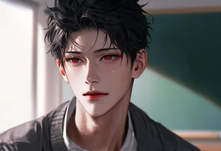 A boy,School Classroom Background,Stand Up Straight,red hair,Korean comic style,hair, red eyes,Young and energetic, Good Condition Korean School Uniform Gray School Uniform, Strong , Very handsome, Smooth skin , very handsome face,Tattoo,wet hairstyle ,Sw...