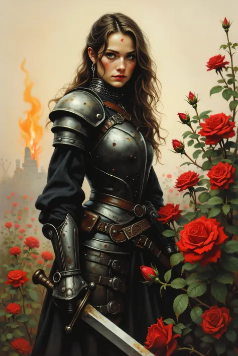 "High-quality detailed oil painting," "analog vintage photo style." (Detailed image). A beautiful warrior in black medieval armor, quite dirty from a hard battle. In her right hand, she holds an old, blunt-edged sword. Her mushroom-style hair is brown, and...