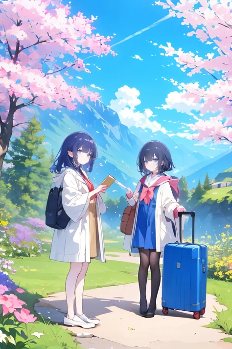 Masterpiece, best quality, ultra-detailed, perfect detailed face, full body,very short stature, Two girls are traveling in a fantasy world in a Car. They are standing in the mountains, surrounded by cherry blossoms, looking at a map.in front FIAT 500. They...