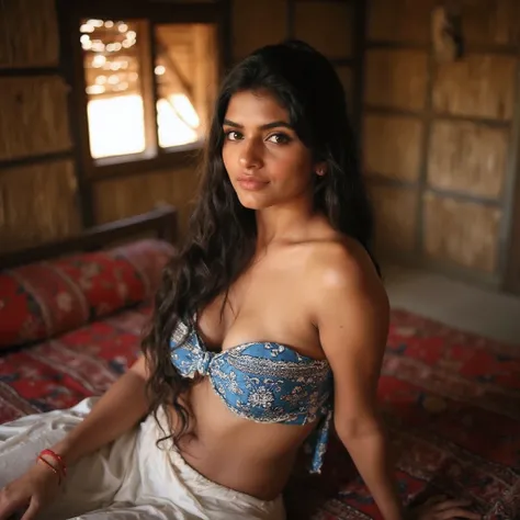 Shoot from a distance, Inside a sunlit straw hut in rural India, sunlight through straw wall gaps, a sensual scene unfolds: a young Indian woman on a dark red Rajasthani-printed bed. a small window, she is wearing blue strapless twisted mini tube top with ...