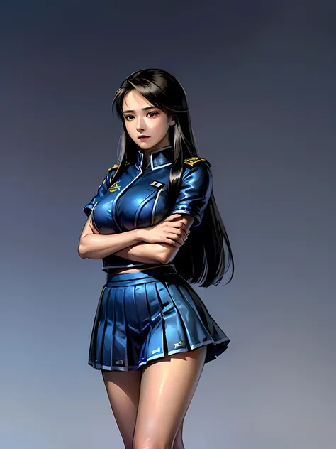 ((((A woman in a blue military uniform,military,pleated skirt,mini skirt,simple background,confident expression, long straight hair, Arms crossed pose, standing with legs open)))),1 woman,is standing with her hands on her hips,3/4 shots,highly detailed fac...