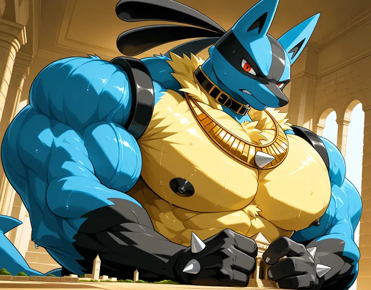 detailed background, low view, egypt, dutch angle, close up, score_9_up,score_8_up,score_7_up,score_6_up,score_5_up,score_4_up, BREAK kemono, bara, furry, 1boy, anthro, LucarioRS, pokemon (creature), lucario, Blue Fur, Chest Spike, Red Eyes, yellow chest f...