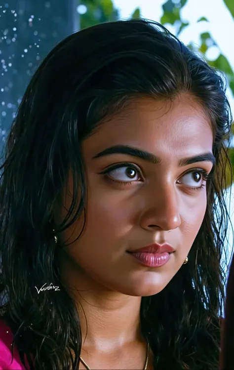A highly detailed, ultra-realistic digital painting of a curvaceous 25-year-old South Asian woman with deep brown skin, expressive dark eyes, and short, curly black hair. She stands in a shower room, her wet, sweat-soaked white cotton padded push-up bra ac...