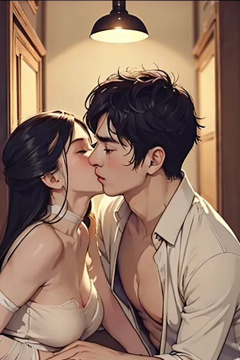Young boy shirtless kissing woman wearing unbuttoned sheer white shirt and sexy red lingerie underneath, intense scene, dark room, one lamp, warm lighting, very erotic, sweaty, lustful, passionate, making out