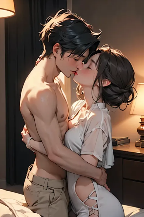 Young boy shirtless kissing woman wearing unbuttoned sheer white shirt and sexy red lingerie underneath, intense scene, dark room, one lamp, warm lighting, very erotic, sweaty, lustful, passionate, making out