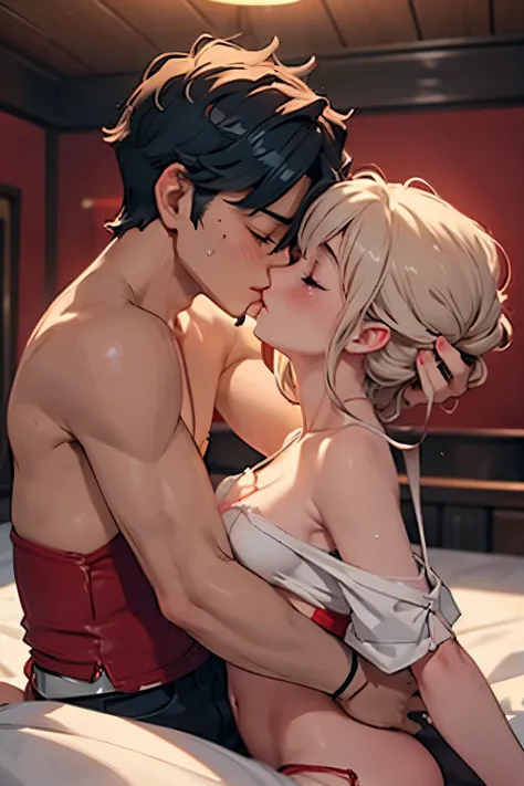 Young boy shirtless kissing woman wearing unbuttoned sheer white shirt and sexy red lingerie underneath, intense scene, dark room, one lamp, warm lighting, very erotic, sweaty, lustful, passionate, making out