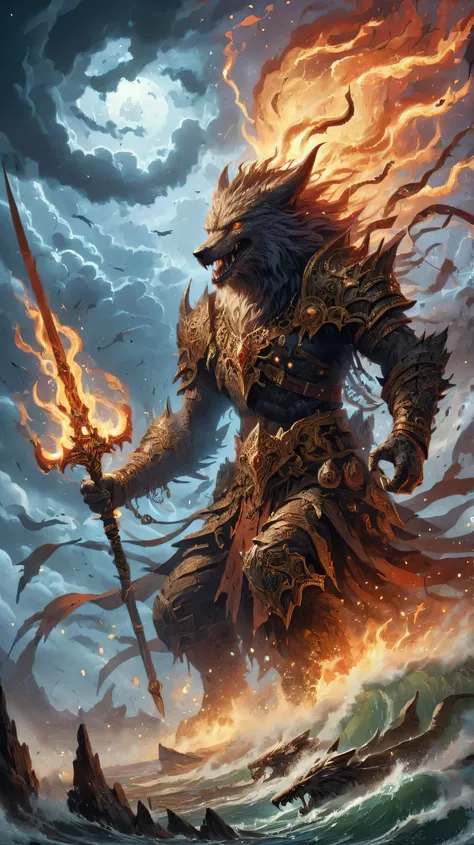 A colossal wolf, towering over the battlefield, its muscular frame covered in thick, dark fur, swirling with shadows. Its eyes burn with raging flames, spewing embers into the night air, illuminating its snarling, fang-filled maw. Its jaws are massive, lin...