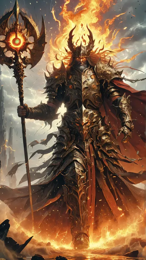 A colossal war god, standing amidst a battlefield drenched in blood and fire, his presence alone bending the will of warriors. He towers above mortals, his muscular body adorned with divine battle scars, glowing ancient war runes etched into his flesh. His...
