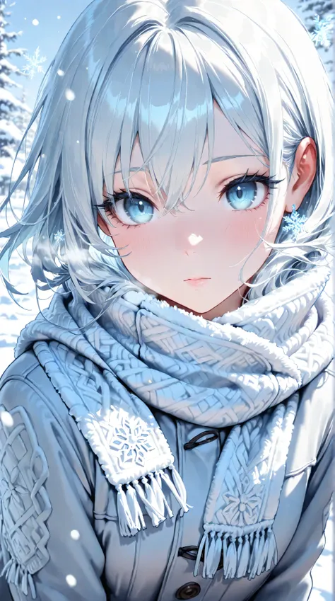 A beautiful girl in a winter landscape, detailed eyes and lips, long eyelashes, (best quality,4k,8k,highres,masterpiece:1.2),ultra-detailed, detailed snow, icy trees, snowflakes, cold winter atmosphere, muted blue and white tones, dramatic lighting, detail...