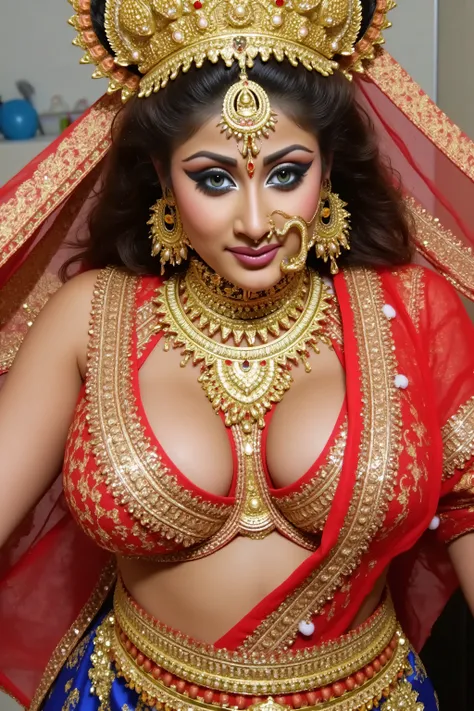 female goddess,karo,Goddess Kali,goddess durga,tigre,determination,strength,empowerment,Bravura,cause fear and discomfort,anger,lioness,elsword,弓,Dance, large breasts, deep cleavage, focus on breasts, transparent saree