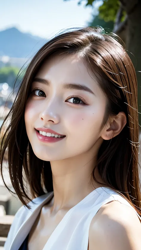 With the alleys of Kyoto in the background、18-year-old girl、independent、look forward to、Light eye makeup、Brown Hair Color、flat 、Hair blowing in the wind、Quality of actress、Shiny, Ultra-realistic faces、smile、Watery eye、look up、Subtle lighting effects、 Ultra...