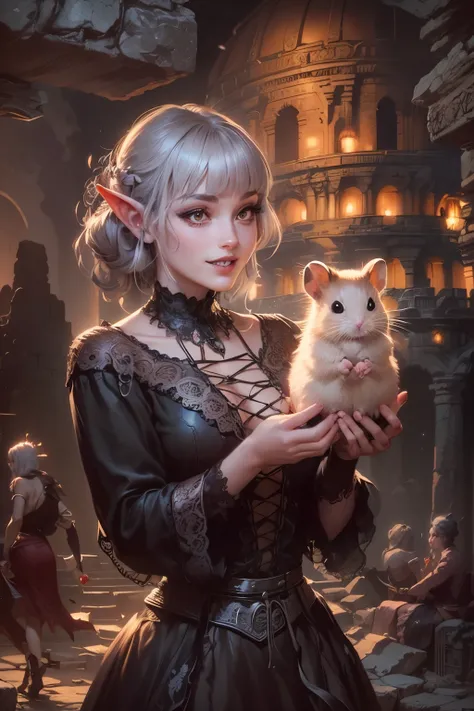 (Ultra-detailed face, Looking away, Gothic Illustration, Dark tone colors. She has five fingers on her hands and five toes on her feet.), BREAK (Ancient ruins. Gothic ruins. Dimly lit space. Fantastic. Mysterious. Cherry blossom petals are dancing. Contras...