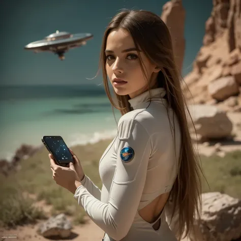 a futuristic space exploration scene, wearing a white spacesuit, beautiful detailed eyes, beautiful detailed lips, extremely detailed face, long eyelashes, astronaut holding a high-tech device, advanced alien spacecraft in the background, floating rocks an...