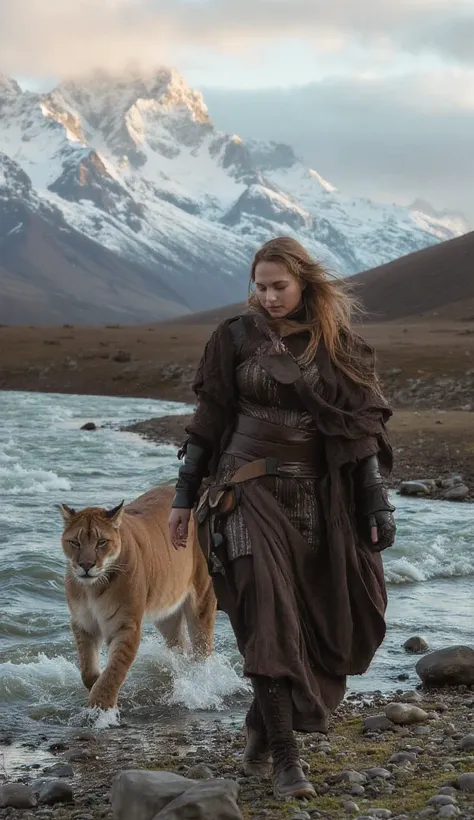 HYPERREALISTIC PHOTOGRAPHY, SPONTANEOUS PORTRAIT, THREE-QUARTERS VIEW OF A GERMAN WARRIOR WOMAN, MATURE PREHISTORIC, WILD INDOMITABLE, ((STURDY MUSCULAR BODY)) SENSUAL, RUSTIC, THICK LEGS, WIDE HIPS, BEAUTIFUL WAIST, WALKING ON THE BANKS OF A STORMY RIVER,...