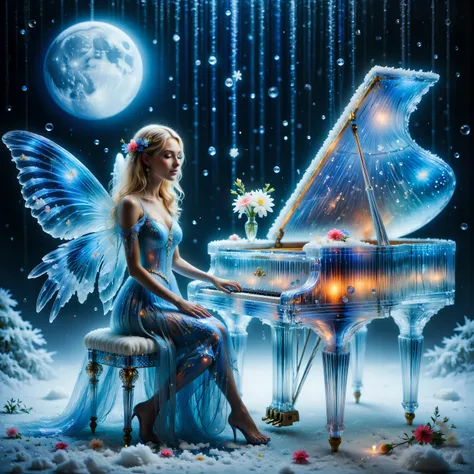 A breathtakingly beautiful, high-definition image of a young adult (circa 20 years old) fair-skinned woman with shoulder-length, flowing blonde hair and captivating brown eyes, possessing enormous, translucent, luminous wings like a moth, gracefully seated...