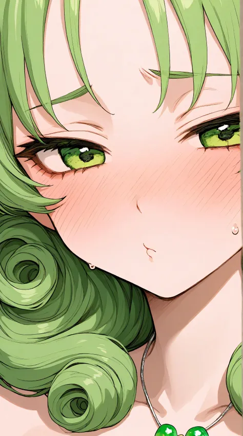 asian high school girl, focus on eyes, close up on face, pouting, wearing jewelry, apple green color hair styled Faux Hawk with Curly Hair, freckled face, slender, pale, shiny skin, anime, manga, heavy blushing,