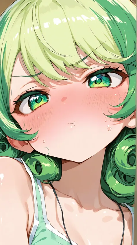 asian high school girl, focus on eyes, close up on face, pouting, wearing jewelry, apple green color hair styled Faux Hawk with Curly Hair, freckled face, slender, pale, shiny skin, anime, manga, heavy blushing, 
