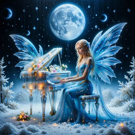 A breathtakingly beautiful, high-definition image of a young adult (circa 20 years old) fair-skinned woman with shoulder-length, flowing blonde hair and captivating brown eyes, possessing enormous, translucent, luminous wings like a moth, gracefully seated...