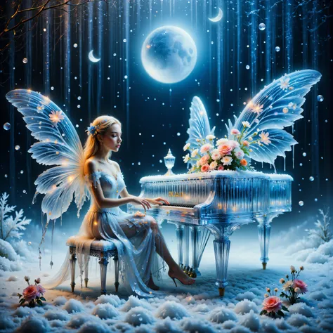 A breathtakingly beautiful, high-definition image of a young adult (circa 20 years old) fair-skinned woman with shoulder-length, flowing blonde hair and captivating brown eyes, possessing enormous, translucent, luminous wings like a moth, gracefully seated...