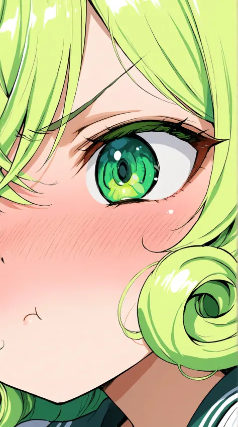 asian high school girl, focus on eyes, close up on face, pouting, wearing jewelry, apple green color hair styled Faux Hawk with Curly Hair, freckled face, slender, pale, shiny skin, anime, manga, heavy blushing, 
