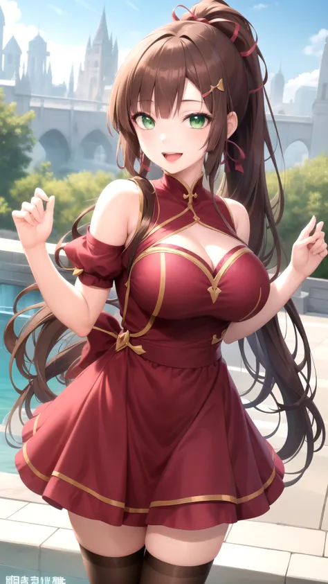 Masterpiece, Best Quality, girl, looking at viewer, Sayaka kirasaka, Brown hair, Green Eyes, high ponytail hair ribbon, large breasts, princess connect Re:Dive cosplay, princess Dress, standing, smile, open mouth, outdoors 