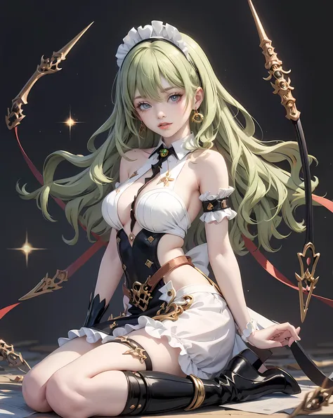 1girl, green hair, harness, black dress, solo, symmetrical gloves, high socks, wave hair, glow eyes, harness, maid dress, v neckline, garter on the legs, stand up, white apron, maid dress, maid, streaked hair, thigh gap, harness, very long hair, solid back...