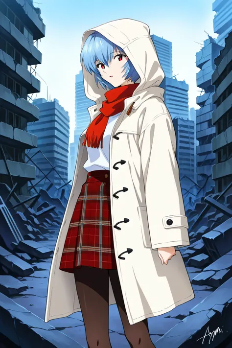 1girl,solo,ayanami rei,ruins,blue hair,coat,red eyes,skirt,plaid,hood,short hair,pantyhose,standing,plaid skirt,hood up,white coat,outdoors,building,looking at viewer,signature,long sleeves,scarf,hair between eyes,hooded coat,bangs,city,open coat,parted li...