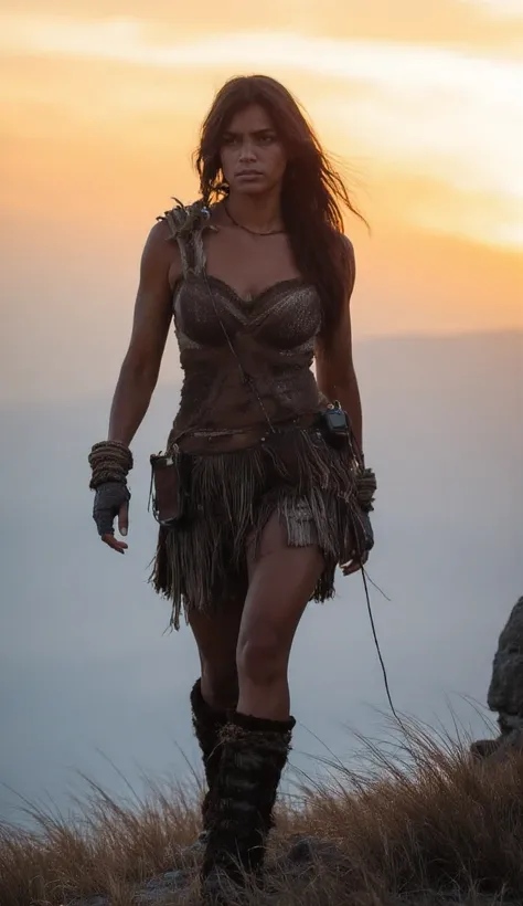 HYPERREALISTIC PHOTOGRAPHY, SPONTANEOUS PORTRAIT, OF A PREHISTORIC MATURE WARRIOR WOMAN, INDOMITABLE WILD, WITH A ROBUST MUSCULAR BODY, THICK LEGS, WIDE HIPS, BEAUTIFUL WAIST, WALKING ALONG THE EDGE OF A CORDILLERANO RIVER, IN THE BACKGROUND THE PEAKS OF T...