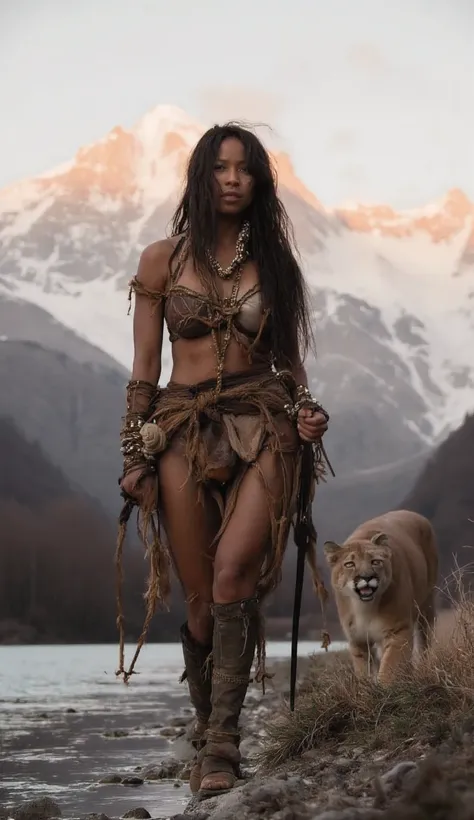 HYPERREALISTIC PHOTOGRAPHY, SPONTANEOUS PORTRAIT, OF A PREHISTORIC, AMERICAN, WILD, INDOMITABLE MATURE WARRIOR WOMAN, WITH A ROBUST, MUSCULAR BODY, THICK LEGS, WIDE HIPS, AND A BEAUTIFUL WAIST, WALKING ALONG THE EDGE OF A MOUNTAIN RIVER, IN HER HAND HER WA...