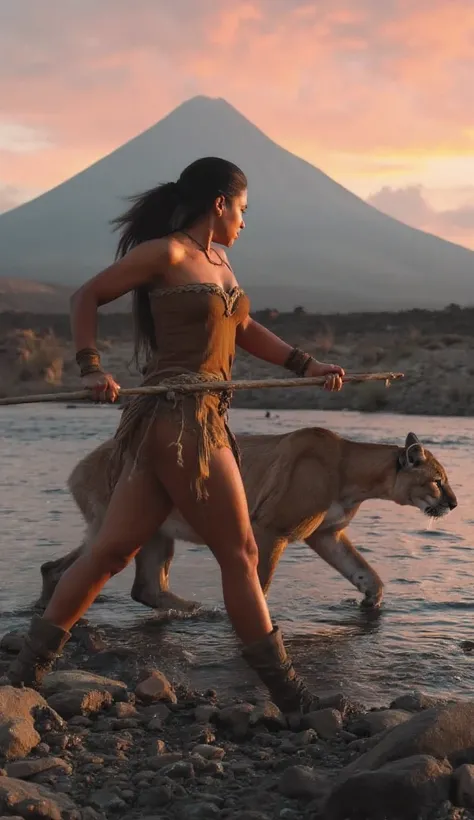 HYPERREALISTIC PHOTOGRAPHY, SPONTANEOUS PORTRAIT, OF A PREHISTORIC, AMERICAN, WILD, INDOMITABLE MATURE WARRIOR WOMAN, WITH A ROBUST, MUSCULAR BODY, THICK LEGS, WIDE HIPS, BEAUTIFUL WAIST, WALKING ALONG THE EDGE OF A MOUNTAIN RIVER, IN HER HAND HER WARRIOR'...