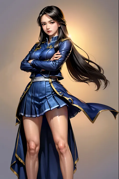 ((((A woman in a blue military uniform,military,pleated skirt,mini skirt,simple background,Confident Expression, long straight hair, Arms crossed pose, standing with legs open)))),1 woman,is standing with her hands on her hips,3/4 shots,highly detailed fac...