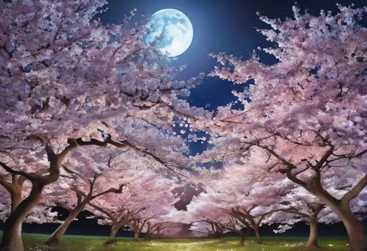 tree view with full moon in the background, night sky full of flowers, breath - taking beautiful trees, breath-taking beautiful trees, beautiful!!!!!!!!!!!!, Cherry Blossom Forest, Breathtaking composition, beautiful moonlight, Amazing Photos, beautiful mo...