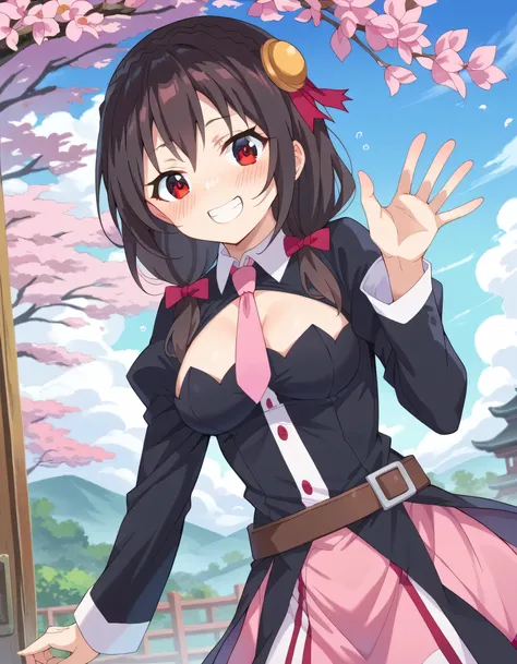 high image quality,high quality of wavy lines、 
Yunyun、 (One person)、black hair, hair accessory, red eyes,  long sleeve, tie,   Outfit Cutout, Cleavage Cut Out, pink tie、pink skirt、See viewer、(blush:1.2),Waving gesture、blue sky、cherry blossoms、happy smile、...