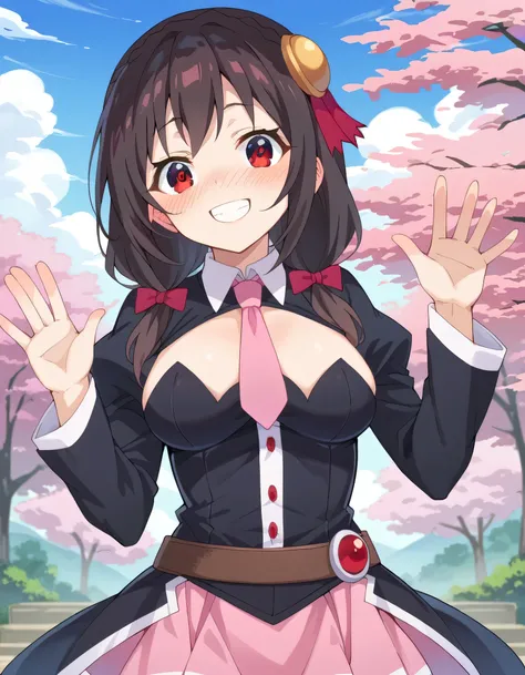 high image quality,high quality of wavy lines、 
Yunyun、 (One person)、black hair, hair accessory, red eyes,  long sleeve, tie,   Outfit Cutout, Cleavage Cut Out, pink tie、pink skirt、See viewer、(blush:1.2),Waving gesture、blue sky、cherry blossoms、happy smile、...