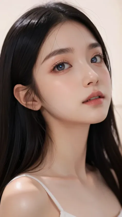 Hair covers my bare chest、 Open your mouth loosely 、、depression、20 years old、woman、 black hair 、 red cheeks 、 pink lips、 long straight hair、Bob、hime cut、 upper body、 Look up at the viewers 、 simple background、