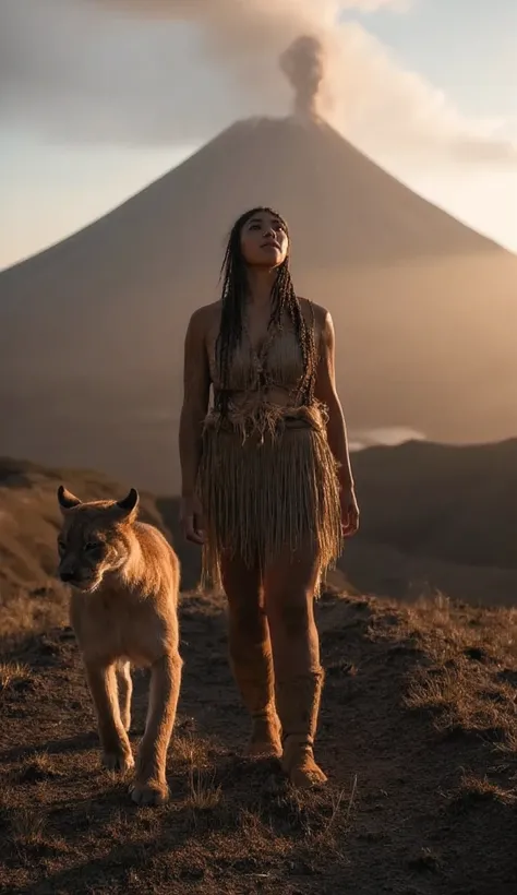 HYPERREALISTIC PHOTOGRAPHY, SPONTANEOUS PORTRAIT, OF A PREHISTORIC, SOUTH AMERICAN, WILD, INDOMITABLE MATURE WARRIOR WOMAN, WITH A LARGE, ROBUST, MUSCULAR BODY, THICK LEGS, WIDE HIPS, BEAUTIFUL WAIST, WALKING THROUGH A SHARP MOUNTAIN, IN HER HAND HER WARRI...