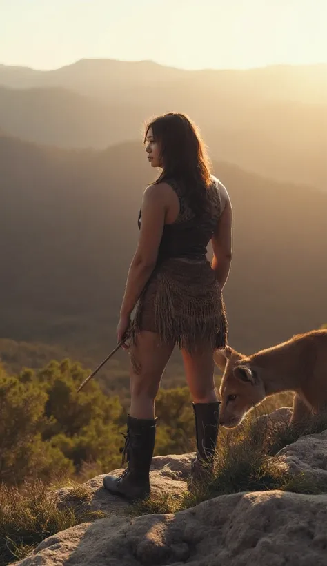 HYPERREALISTIC PHOTOGRAPHY, SPONTANEOUS PORTRAIT, THREE-QUARTERS VIEW, OF A PREHISTORIC, NORDIC, WILD, INDOMITABLE MATURE WARRIOR WOMAN, WITH A LARGE, ROBUST, MUSCULAR BODY, THICK LEGS, WIDE HIPS, BEAUTIFUL WAIST, CLIMBING A SHARP MOUNTAIN, IN HER HAND HER...