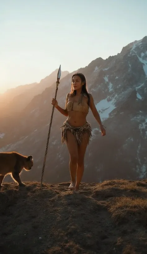 HYPERREALISTIC PHOTOGRAPHY, CAMERA ANGLE FROM BELOW, GEOMETRIC PERSPECTIVE, OF A PREHISTORIC, NORDIC, WILD, INDOMITABLE MATURE WARRIOR WOMAN, WITH A LARGE, ROBUST, MUSCULAR BODY, THICK LEGS, WIDE HIPS, BEAUTIFUL WAIST, CLIMBING A SHARP MOUNTAIN, IN HER HAN...