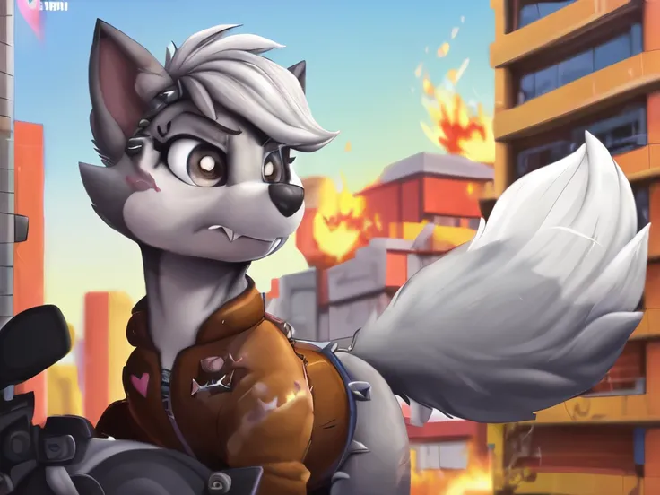 Gasket, ((Paw Patrol)), ((female solo)), domestic dog, female, adult female, brown eyes, (((gray fur)), ((gray body)), (wearing brown leather jacket:1.25), (wearing spike wristband:1.25), (feral:21.25) (quadruped:2.25), (hair over eyes:1.25), (white hair:1...