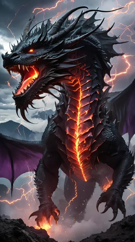 A gigantic, terrifying black dragon, its scales as dark as the void, each plate reflecting dim light with a metallic sheen. Its muscular body is built for both flight and destruction, with massive, bat-like wings spread wide, their membranes marked with gl...