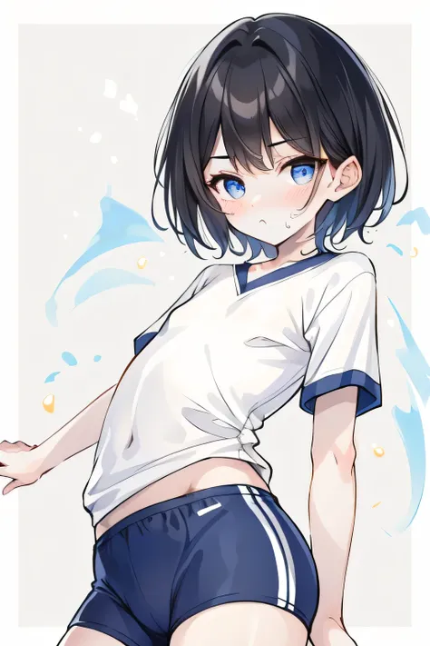 from front:1.3,  1man, boyish, manly, facing to viewer, looking at viewer, short blue buruma, white training shirts, fake pout, flat chest, short hair,  femboy, cowboy shoot, white flat background,