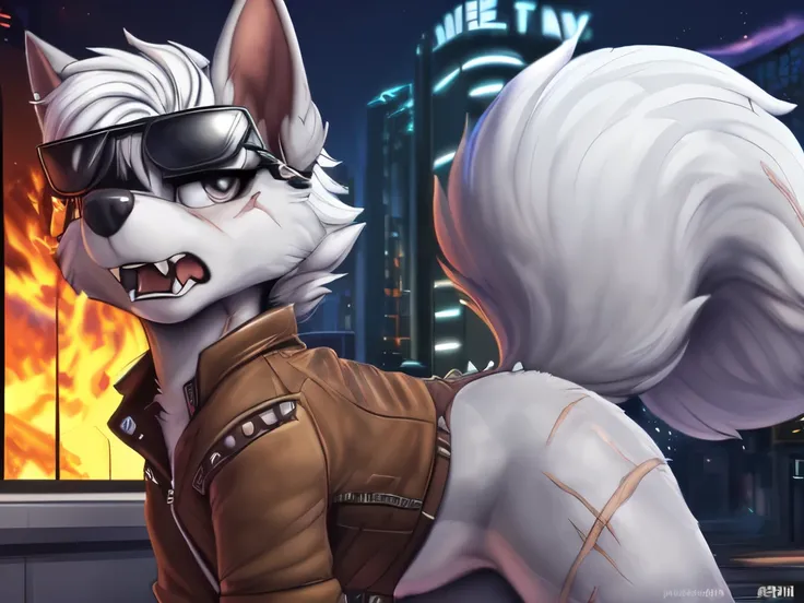 Gasket, ((Paw Patrol)), ((female solo)), domestic dog, female, adult female, brown eyes, (((gray fur)), ((gray body)), (wearing brown leather jacket:1.25), (wearing spike wristband:1.25), (feral:2.25) (quadruped:2.25), (hair over eyes:1.25), (white hair:1....