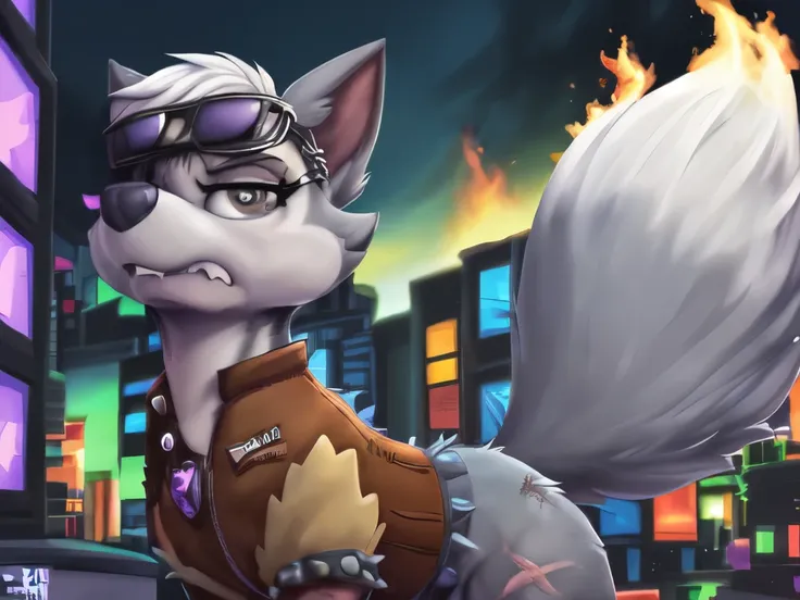 Gasket, ((Paw Patrol)), ((female solo)), domestic dog, female, adult female, brown eyes, (((gray fur)), ((gray body)), (wearing brown leather jacket:1.25), (wearing spike wristband:1.25), (feral:2.25) (quadruped:2.25), (hair over eyes:1.25), (white hair:1....