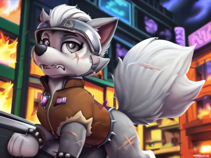 Gasket, ((Paw Patrol)), ((female solo)), domestic dog, female, adult female, brown eyes, (((gray fur)), ((gray body)), (wearing brown leather jacket:1.25), (wearing spike wristband:1.25), (feral:2.25) (quadruped:2.25), (hair over eyes:1.25), (white hair:1....