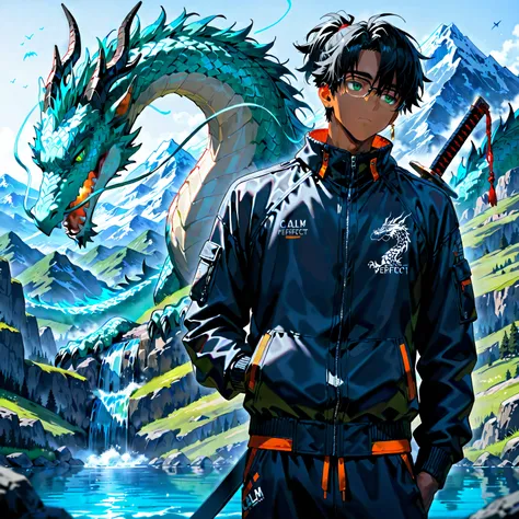 ((Highest quality)), ((masterpiece, detailed, official, High resolution)), ((Perfect Face, detailed eyes,)), ((masterpiece, best quality, 1young adult, male focus, masculine, solo, closed mouth, muscle, sword behind back,)) (short length hair, black hair, ...