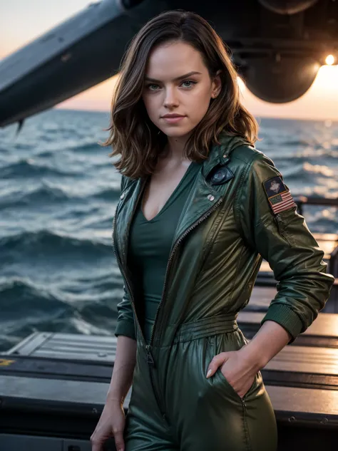 (Daisy Ridley, brown eyes), (best quality, 4k, Altas, master part:1.2),(large breasts:1,perfect round butt, smling),(wavy hair:1.1),ultra-detalhado, (standing),(slight smile), (dark green jumpsuit, wearing aviator sunglasses:1.2, the jacket has an insignia...