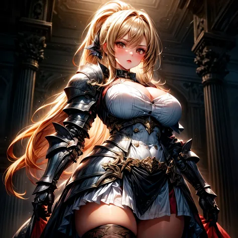 ((extreme quality)), ((Masterpiece)), ((Enrich the picture，Masterpiece level quality)), golden hair, high ponytail, very big breasts, golden eyes, fierce woman, ultra eyes details, RAW 4K, Realistically , ( cinematic lighting, moody, textile shading), perf...