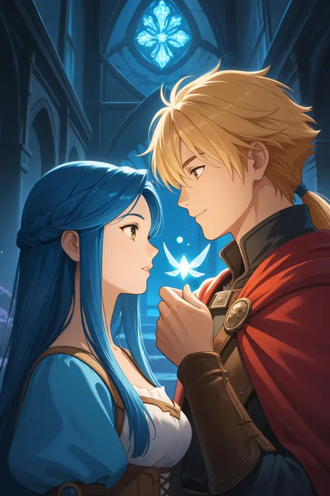1boy, 1girl, ma, woman, anime, fantasy background, blue hair, blonde hair, glowy night,